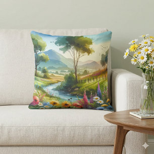 Coussin Fleurs sauvages et ruisseau dans la vallée printan