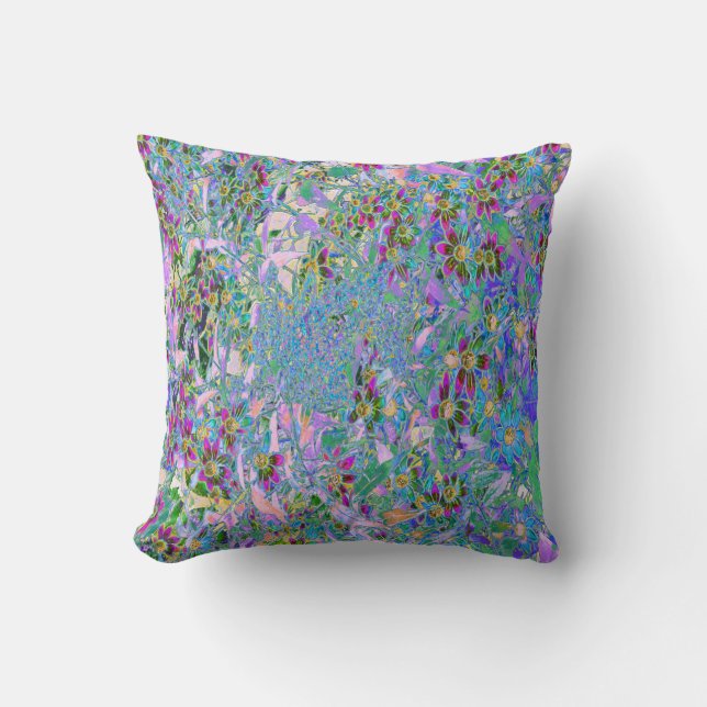 Coussin Fleurs sauvages rétro violet, vert et bleu sur ros (Recto)