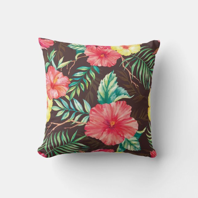 Coussin Fleurs tropicales colorées Arrière - plan foncé (Recto)