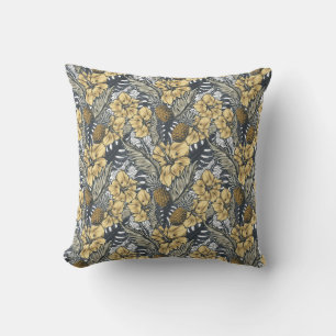 Coussin Fleurs tropicales noires et or élégantes de luxe