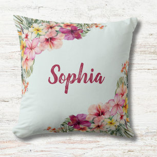 Coussin Fleurs tropicales roses monogrammées Floral Botani