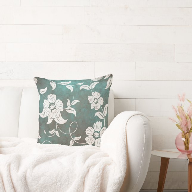 Coussin Fleurs Turquoises vintages vertes (Canapé)