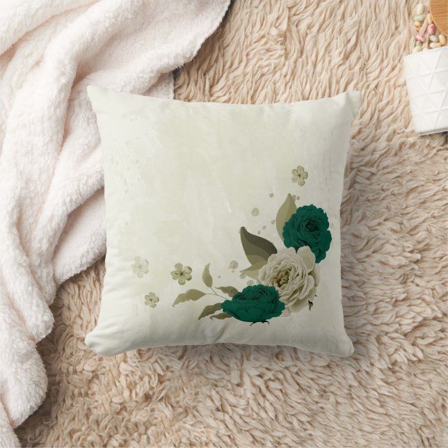 Coussin fleurs vert émeraude beige  (Couverture)