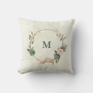 Coussin fleurs vert sauge rose blush
