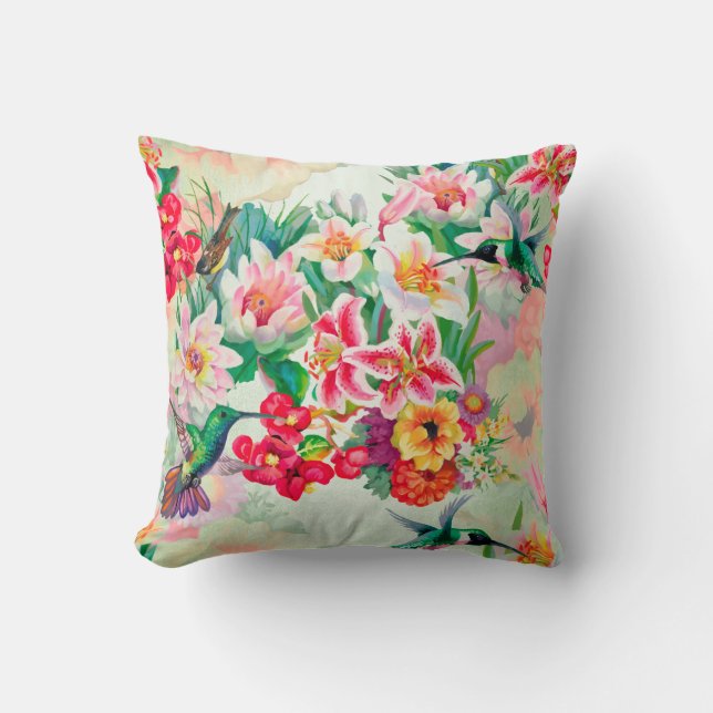Coussin Fleurs vertes à la menthe tropicale d'Oiseau tonne (Recto)