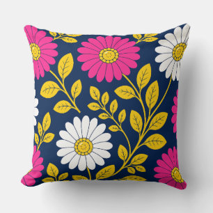 Coussin Fleurs Vibrantes avec Marguerites et Feuilles Doré