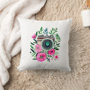 Coussin Fleurs Vintage et Appareil Photo Rétro Personnalis