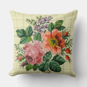 Coussin Fleurs Vintage Florales Abricot et Rose en Point d