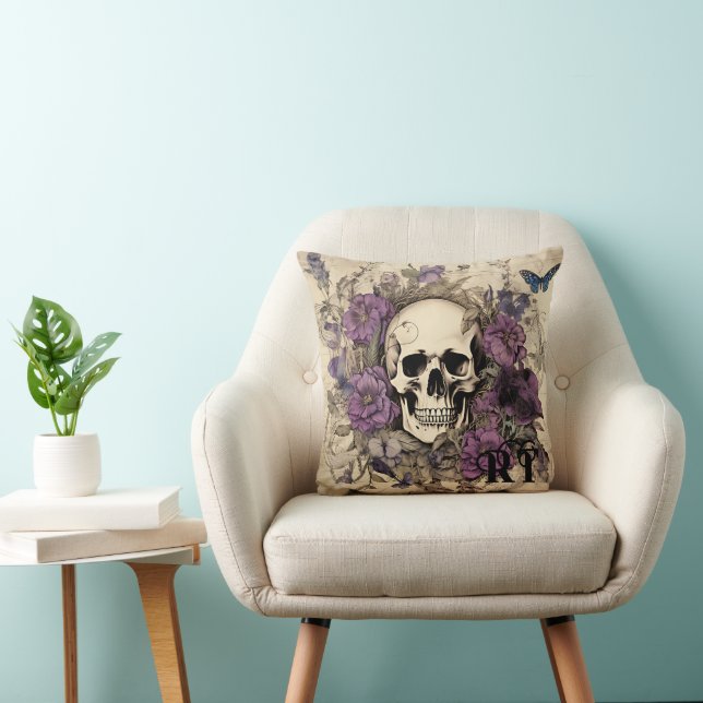 Coussin Fleurs vintages de crâne pourpre Monogramme person (Chaise)