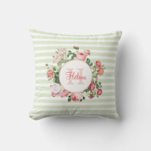 Coussin Fleurs vintages Pastel Green Stripes Monogramme