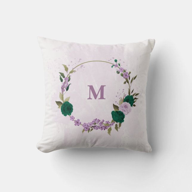 Coussin fleurs violettes vert émeraude (Recto)