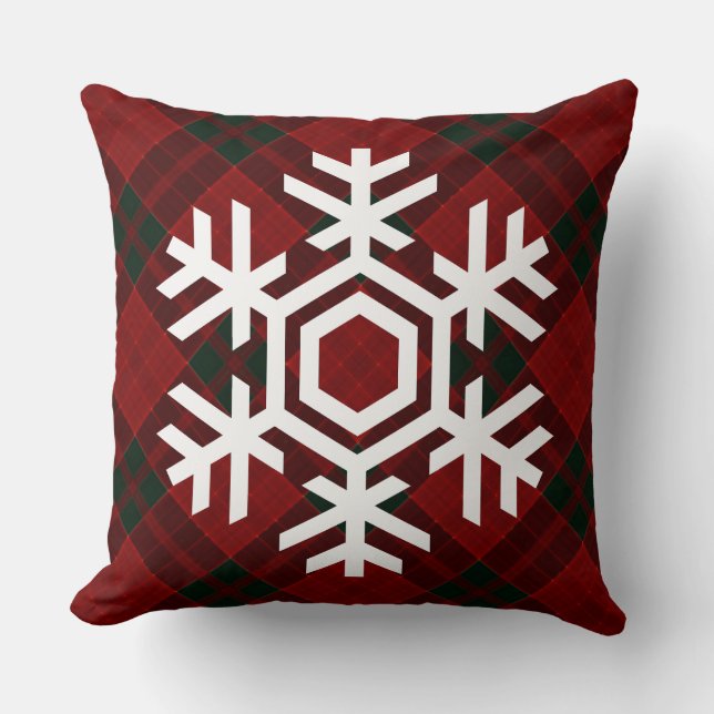 Coussin Flocon de neige blanc sur un Motif tatan rouge de  (Recto)