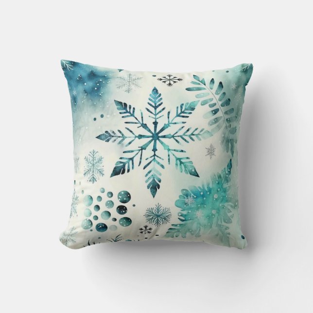 Coussin Flocon de neige d'hiver Turquoise et Noël blanc (Recto)