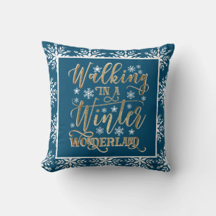 Coussin Flocons de neige blancs or sur fond bleu marine po