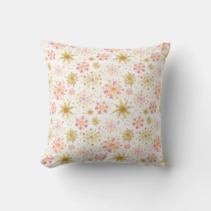 Coussin Flocons de neige roses et dorés d'hiver