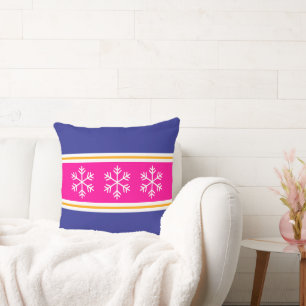 Coussin Flocons Nordiques Rose Clair Bandes Bleu Foncé