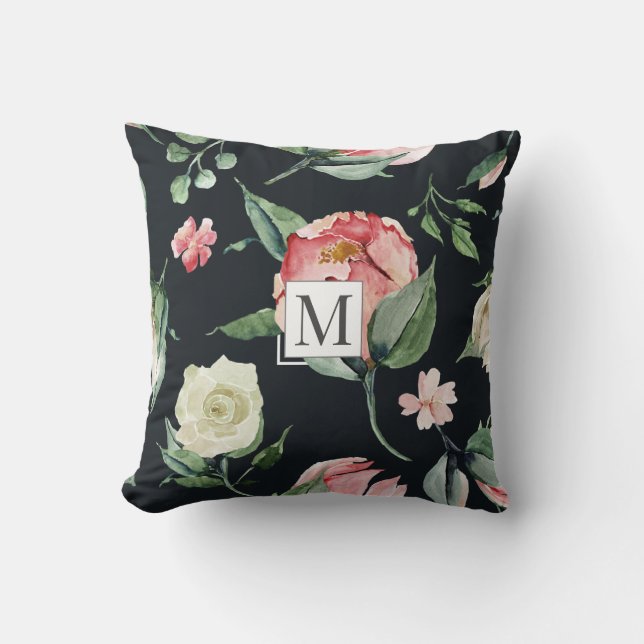 Coussin floraison de minuit élégant Monogramme floral (Recto)