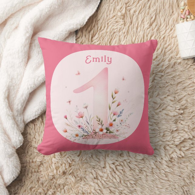 Coussin Floral 1er anniversaire photo cadeau fille fille f (Couverture)