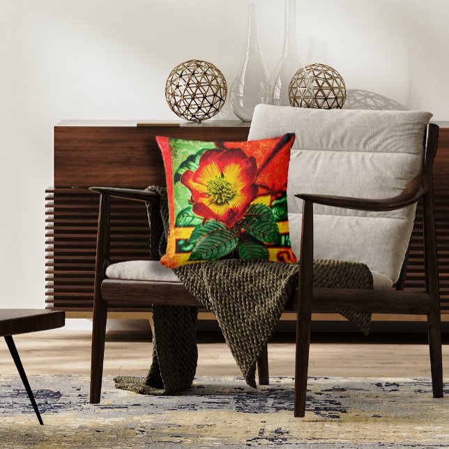 Coussin Floral asiatique en rouge vif et vert (Créateur téléchargé)