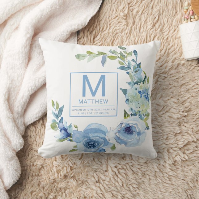 Coussin Floral Bébé Bleu Statistiques de naissance Nouveau (Couverture)
