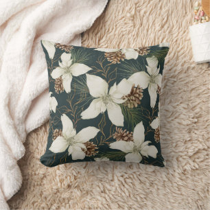 Coussin Floral blanc d'hiver avec cônes de pin