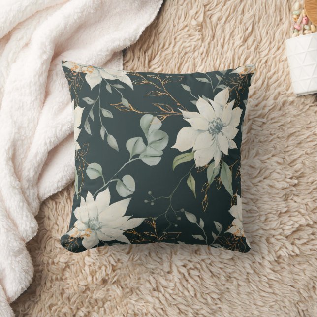 Coussin Floral bleu et blanc d'hiver avec or (Couverture)