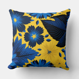 Coussin Floral bleu gras sur Arrière - plan jaune vif