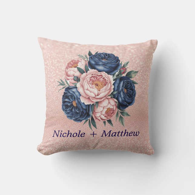 Coussin Floral bleu marine et or Rose (Recto)