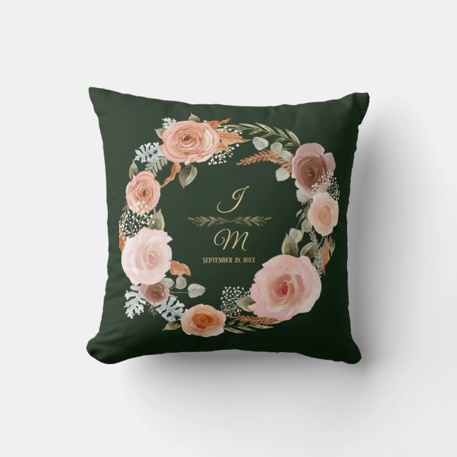 Coussin Floral Blush Peony Feuille Aquarelle Forêt verte (Recto)