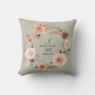 Coussin Floral Blush Peony Sage Aquarelle Feutre vert