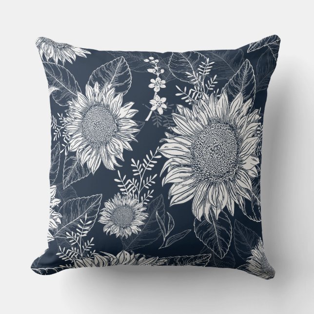 Coussin Floral Botanique Marine Bleu Tournesol Jeter Oreil (Recto)