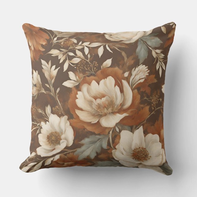 Coussin Floral Brown à crème bleue orange (Recto)