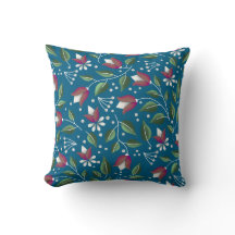 Coussin floral Cottagecore en bleu profond et roug