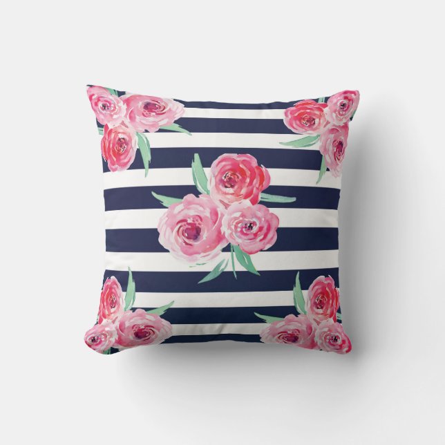 Coussin floral de bleu marine de rose et (Recto)