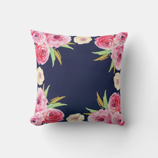 Coussin floral de bleu marine de rose et (Recto)