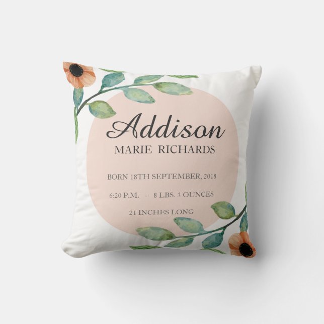 Coussin floral de faire-part de stat de naissance (Recto)