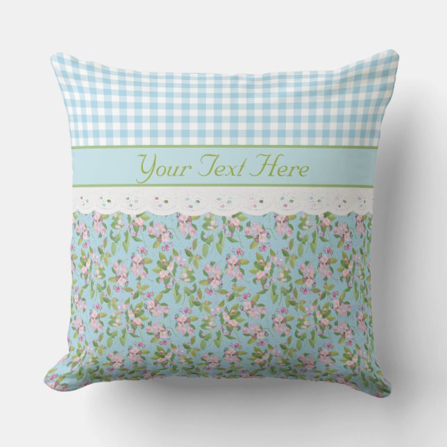 Coussin Floral de fleurs d'Apple, En vichy de chèques bleu (Recto)