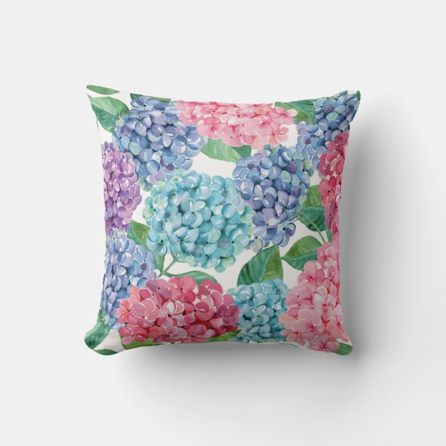 Coussin floral de l'Hydrangea peint à la main (Recto)