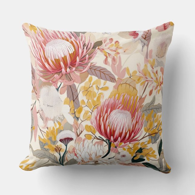 Coussin Floral de Protea rose et or (Recto)