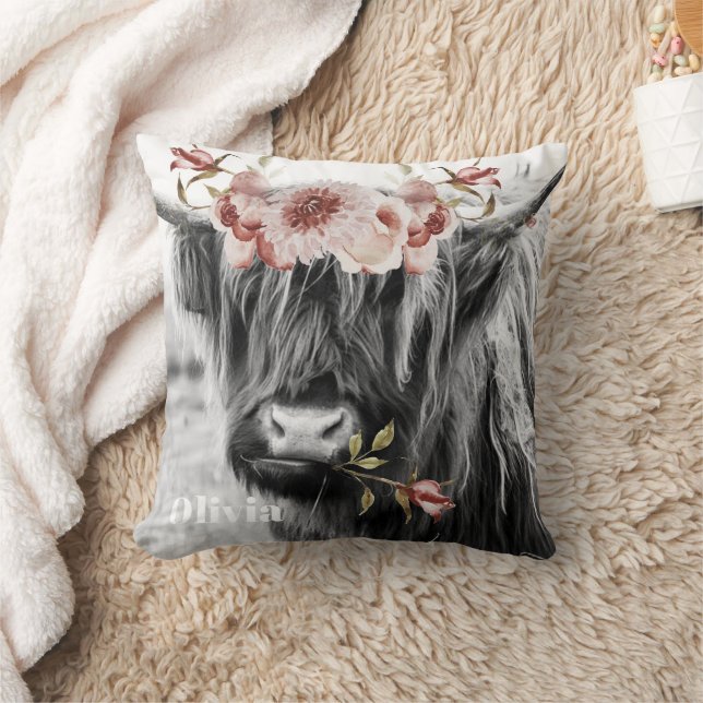Coussin Floral de vache de Highland | Western Cowgirl Nom  (Couverture)