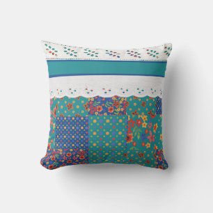 Coussin Floral Faux Patchwork sur Turquoise, Faux Lace Cou