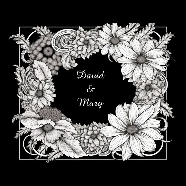 Coussin Floral Frame Throw Pillow (A black and white illustration features a floral frame surrounding the names "David & Mary.)