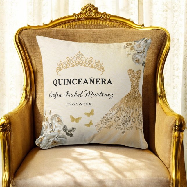 Coussin Floral Gold Princess Quinceanera Anniversaire (Créateur téléchargé)
