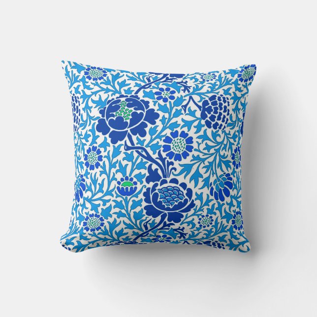 Coussin Floral Jacobéen , Navy et Cerulean Blue (Recto)