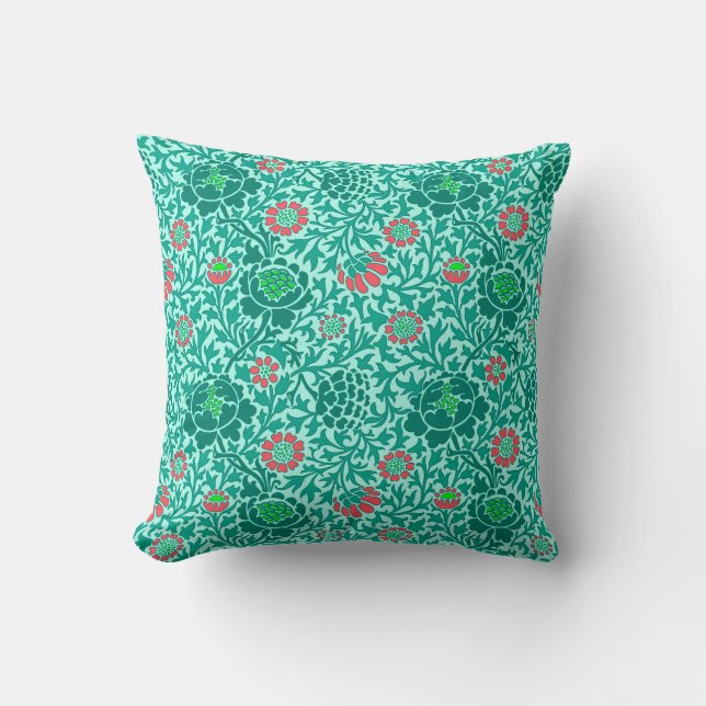 Coussin Floral jacobéen, Turquoise, Aqua et Coral (Recto)