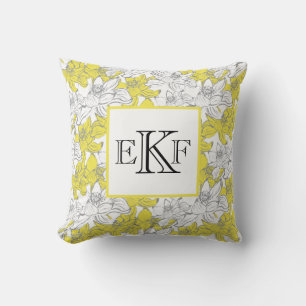 Coussin Floral jaune et gris blanc monogramme