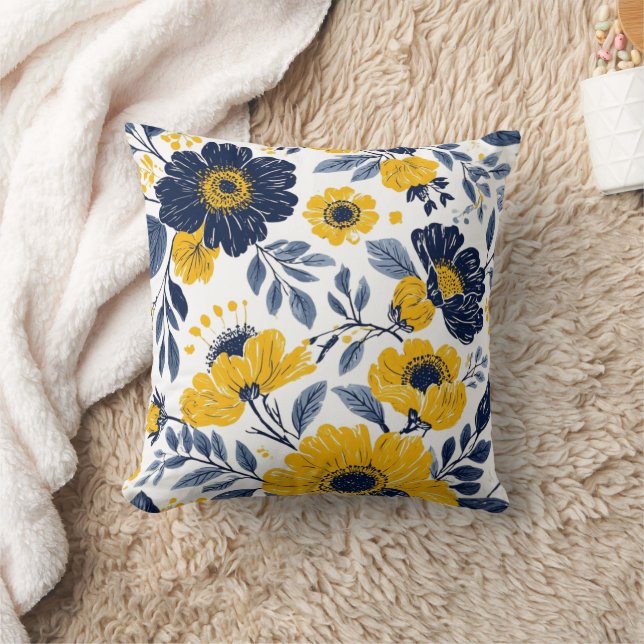Coussin Floral marine, jaune et gris (Couverture)