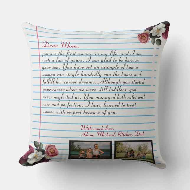 Coussin Floral Moderne lettre d'amour manuscrite message m (Recto)