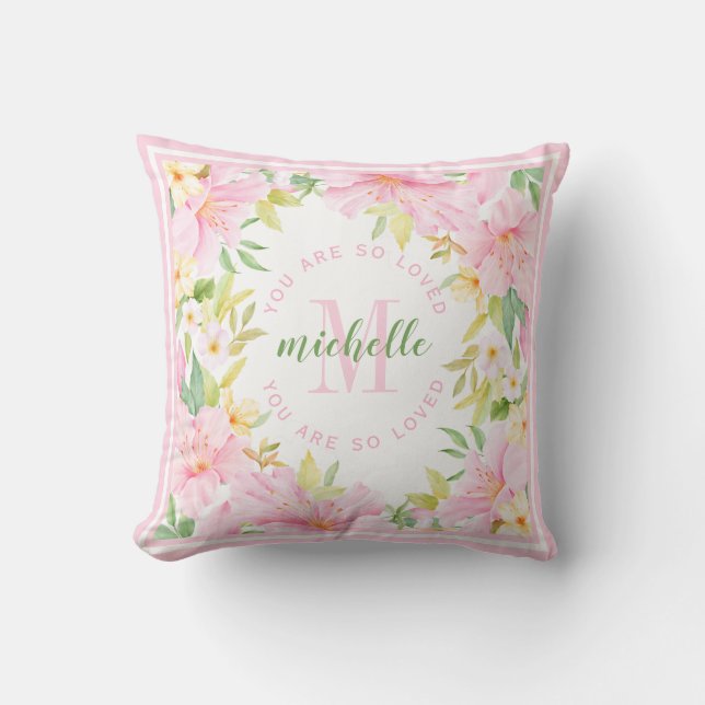 Coussin Floral Monogramme Aquarelle Bleu rose bébé fille (Recto)