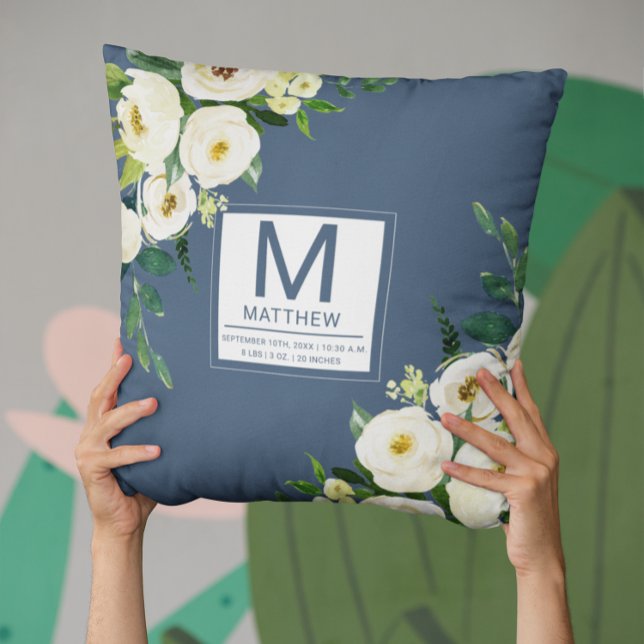 Coussin Floral Navy Blue Birth Stats Nouveau-né bébé (Créateur téléchargé)